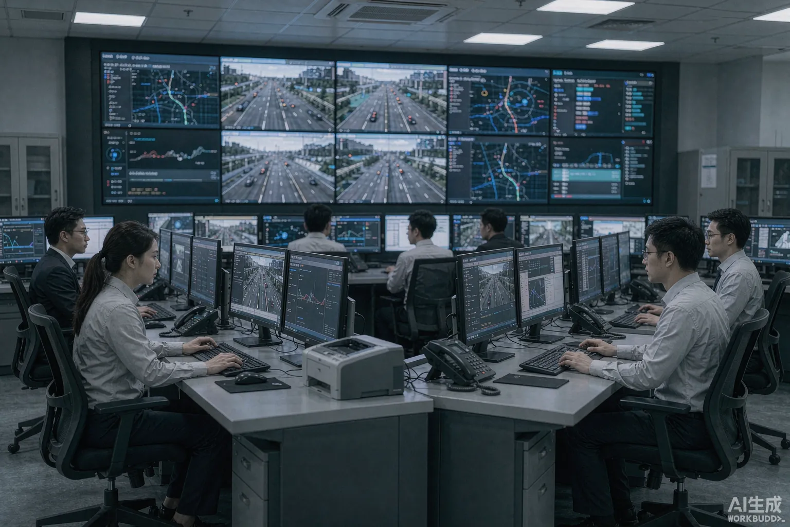 交通场景：高速公路监控中心里的大屏与视频画面