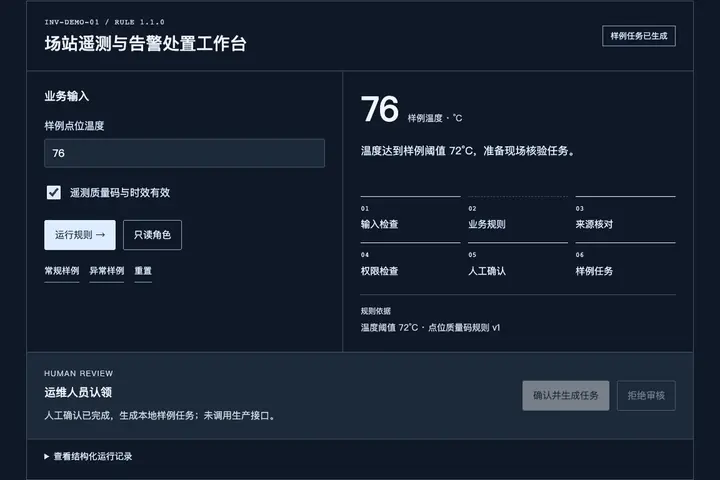 行业流程实验台实际界面:样例规则、来源与人工确认