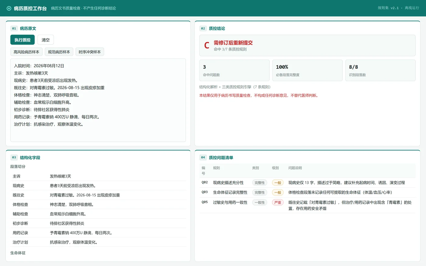 临床文档结构化与质控 实际运行界面